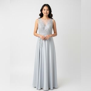 NWT Stacees Women's Dress Silver Satin Lace Embolished  Prom Ball Gown Size M